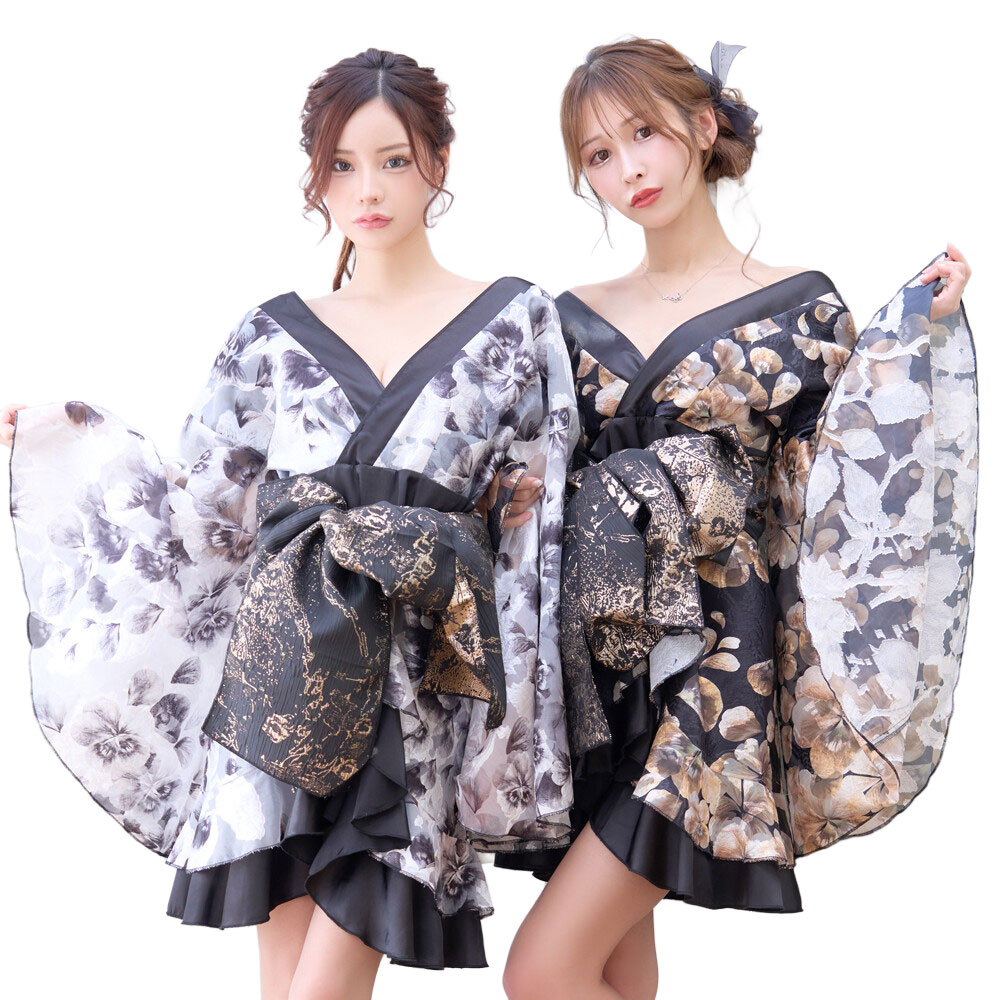 【高級ライン】【2点セット/2カラー】和柄 花柄 フリル ミニ 豪華 帯 花魁 着物 ドレス コスプレ ハロウィン キャバドレス [1519]