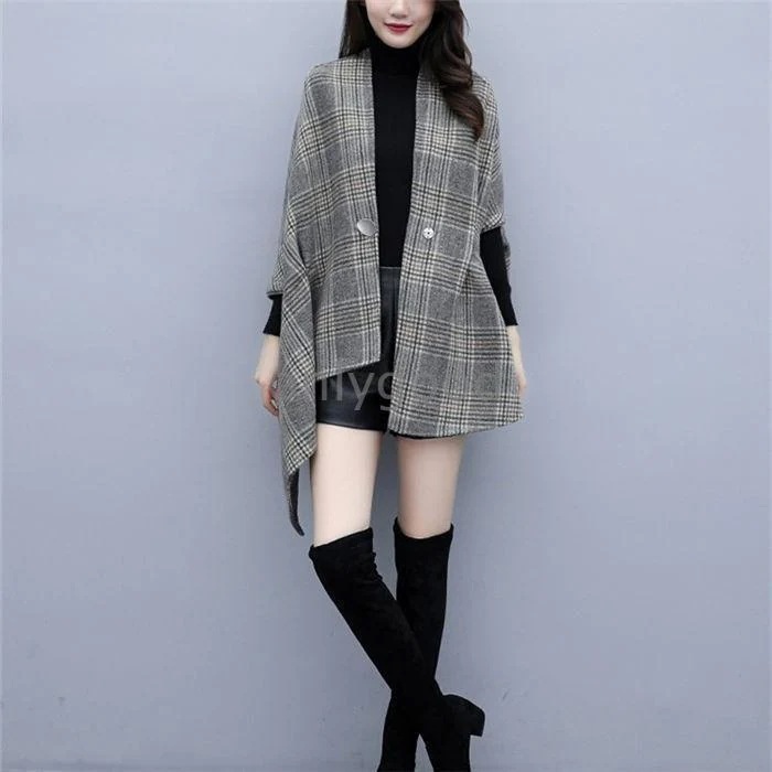 コート お出かけ ラシャコート マント ポンチョ 厚手 マントコート ケープ 不規則 秋冬 レディース 羽織り チェック柄 アウター ひとつボタン 大きいサイズアウターその他 アウター
