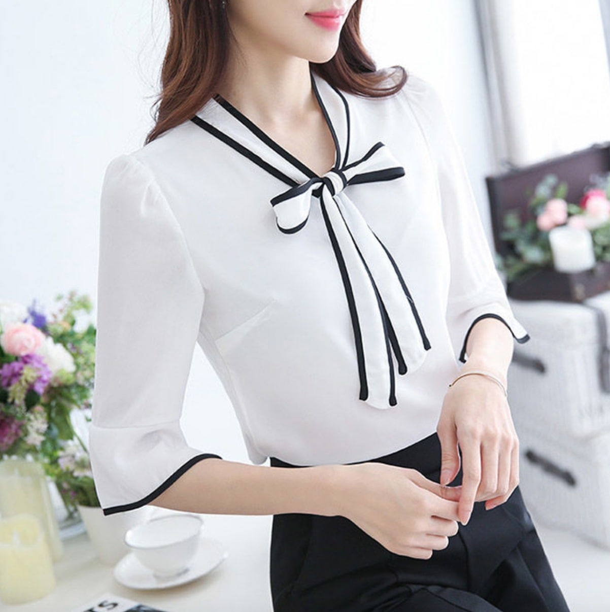 トップス デート かわいい 大人可愛い きれいめ シンプル カジュアル 大人 上品 おしゃれ お洒落 ７分袖 バイカラー ボウタイ リボン エレガント オフィス 韓国 3XL 4XL ブラック モテ