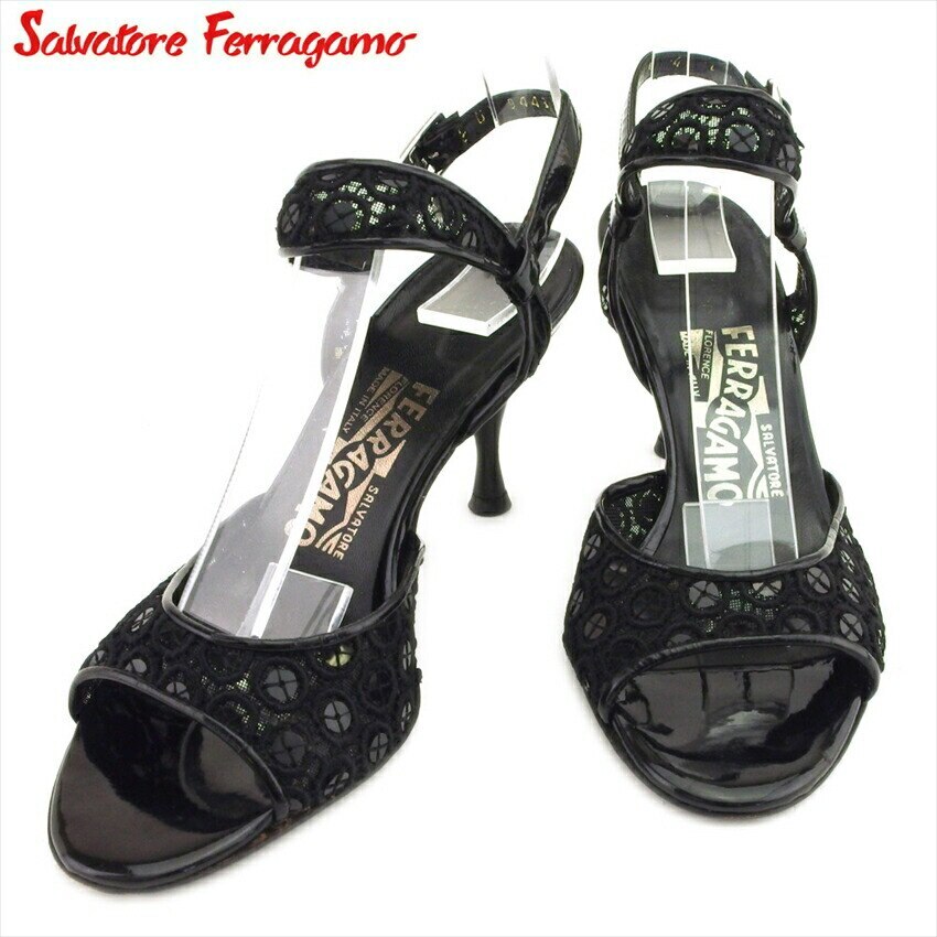 サンダル シューズ 靴 レース レディース 4ハーフC アンクルストラップ ブラック シルバー 中古