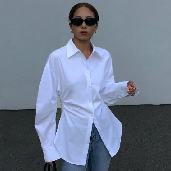 長袖シャツ レディース トップス 白シャツ ホワイト 長袖 スリムフィット シンプル 無地 襟あり ハイウエスト カジュアル お出かけ おしゃれ フロントボタン ベーシック 長袖ブラウス 女性