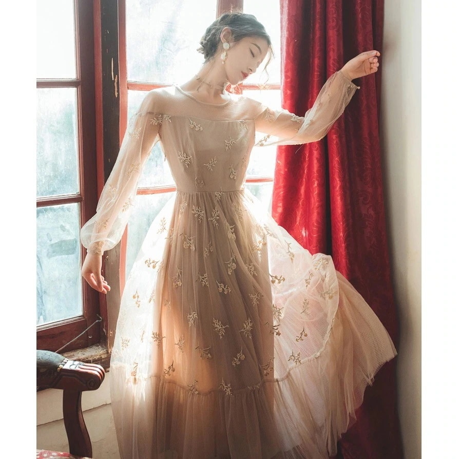 レース 花柄 ワンピース 春秋 ベルト飾り 気質 ロングワンピ