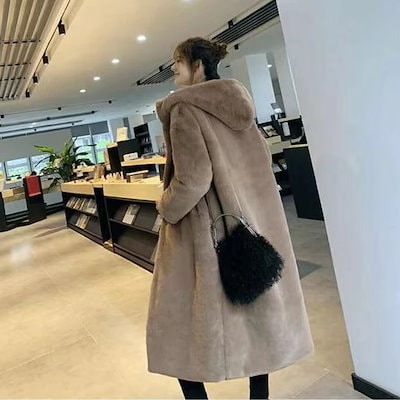ロング丈 人工ファー ゆる コート フリース フード付き 磁気ボタン パーカー レディース アウ