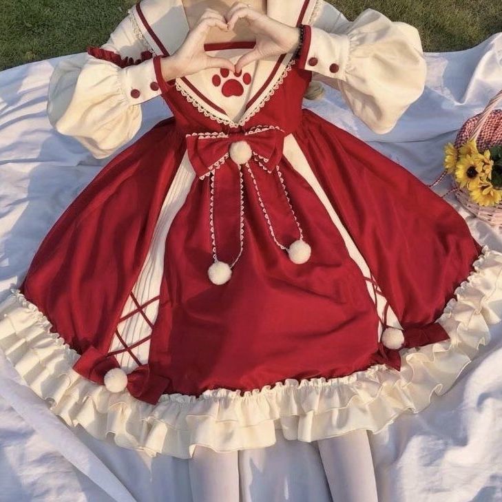 ハロウィン コスプレ【在庫いっぱい】猫ロリータ ロリータ ワンピース Op 秋冬 ネイビー 衿 可愛いレディース 衣装