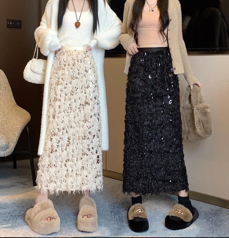 加絨重工きらきら羽開きフォーク半身スカート女性ハイウエストストレートミドルロングスカート