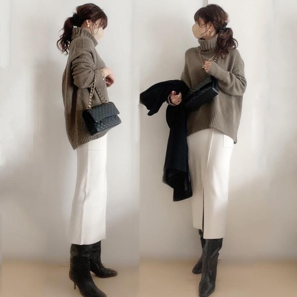 【2023新作入荷】 「スリット」ポケット付き ハイネック カジュアル ストレートスカート ハイウエスト ホワイト 長袖 無地 シンプル カジュアルセット 5,471円