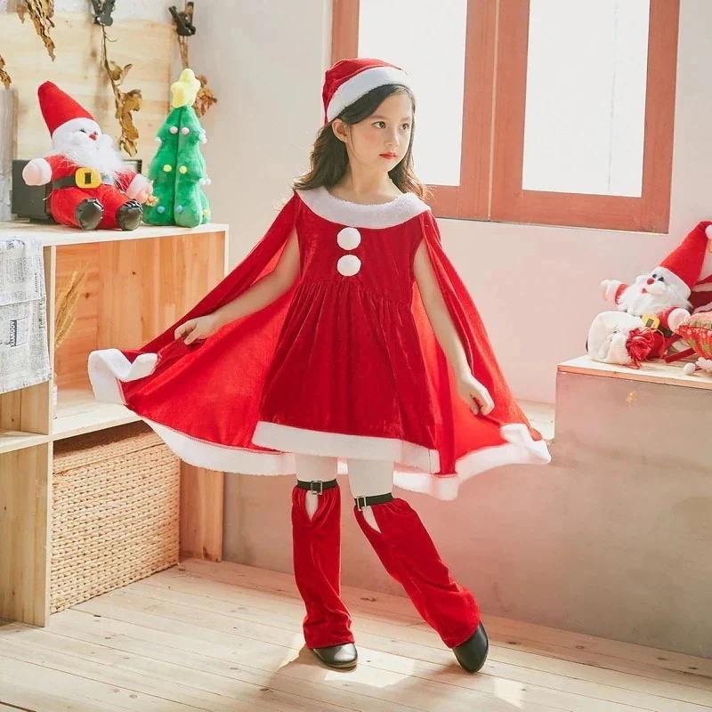 親子サンタクロースワンピース＋ショートパンツ＋帽子3点セット女の子サンタクロースコスプレサンタクロースの服ケープマントエルサのレオタードクリスマスコスプレクリスマスコスム 25大人気超人気