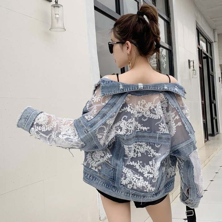 レディース 刺繍 シースルー ルーズデニム ジャケット POLOネック 長袖 レース切り替え ダメージ 大人可愛い ママコーデ ママファッション 韓国系 オルチャン 人気 トレンド 新作 20代 30