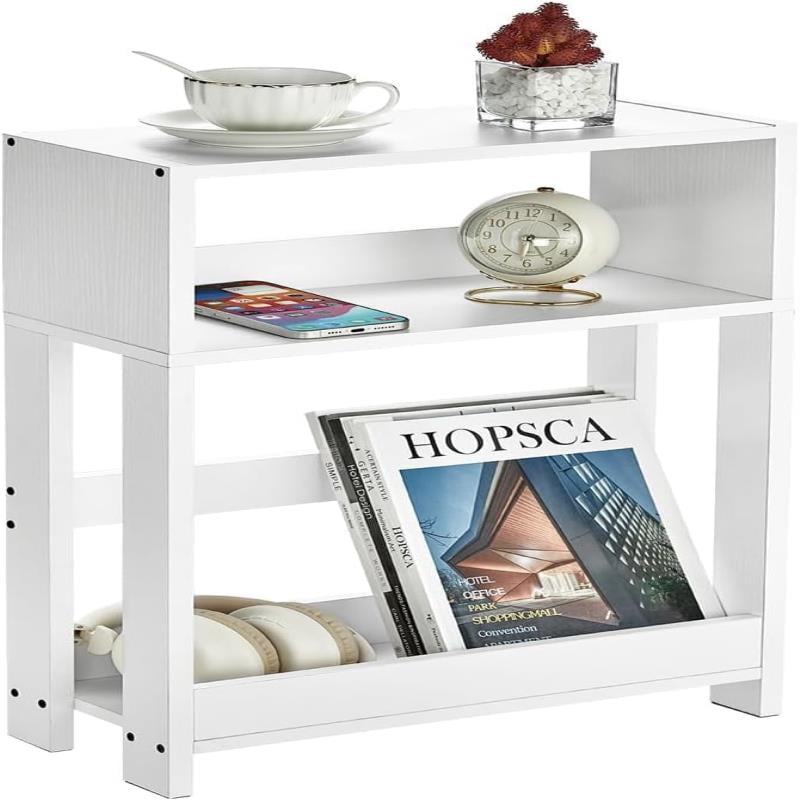 ベッドサイドテーブル スリム 幅40×奥行18×高さ58cm 収納棚 ミニテーブル ナイトテーブル リビングサイドテーブル ベッド横 ソファーテーブル 木目調 (ホワイト)