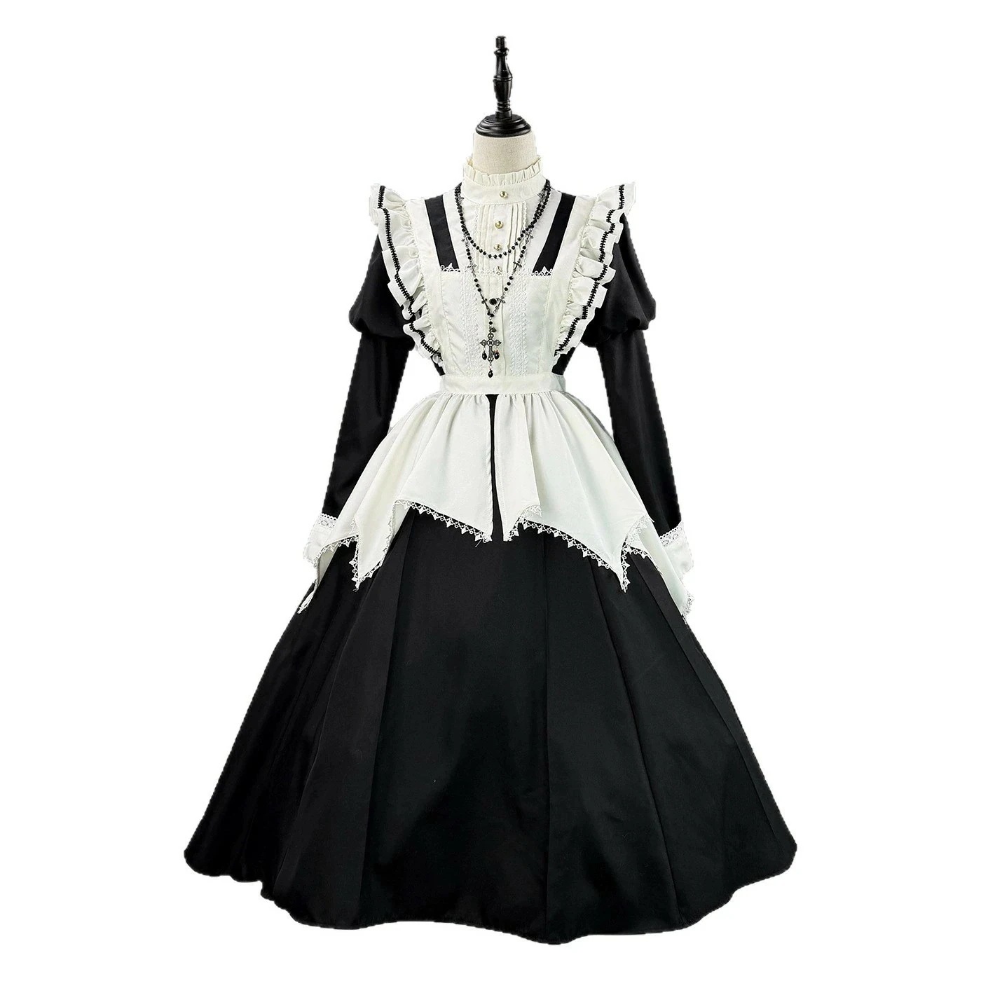 【デビュー】メイド服 3 点セット ロング丈 パフスリーブ エプロン髪飾り付き ゴシック風 コスプレ用