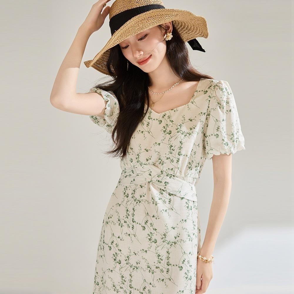 【送.料.無.料.急速発送】小花半袖シフォンVネックの茶休スカートワンピース