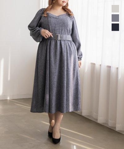 大きいサイズ レディース LL 3L 4L XL XXL XXXL CLETTEオリジナルベルト付きツイード調ワンピース