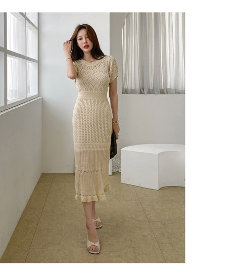 【取寄：納期2週間】ワンピース レディース マーメイド 透かし編み クロシェ編み 模様編み エレガント 半袖 夏 上品 きれいめカジュアル リゾート ミモレ丈 タイト ラウンドネック フリル裾 ひざ下 