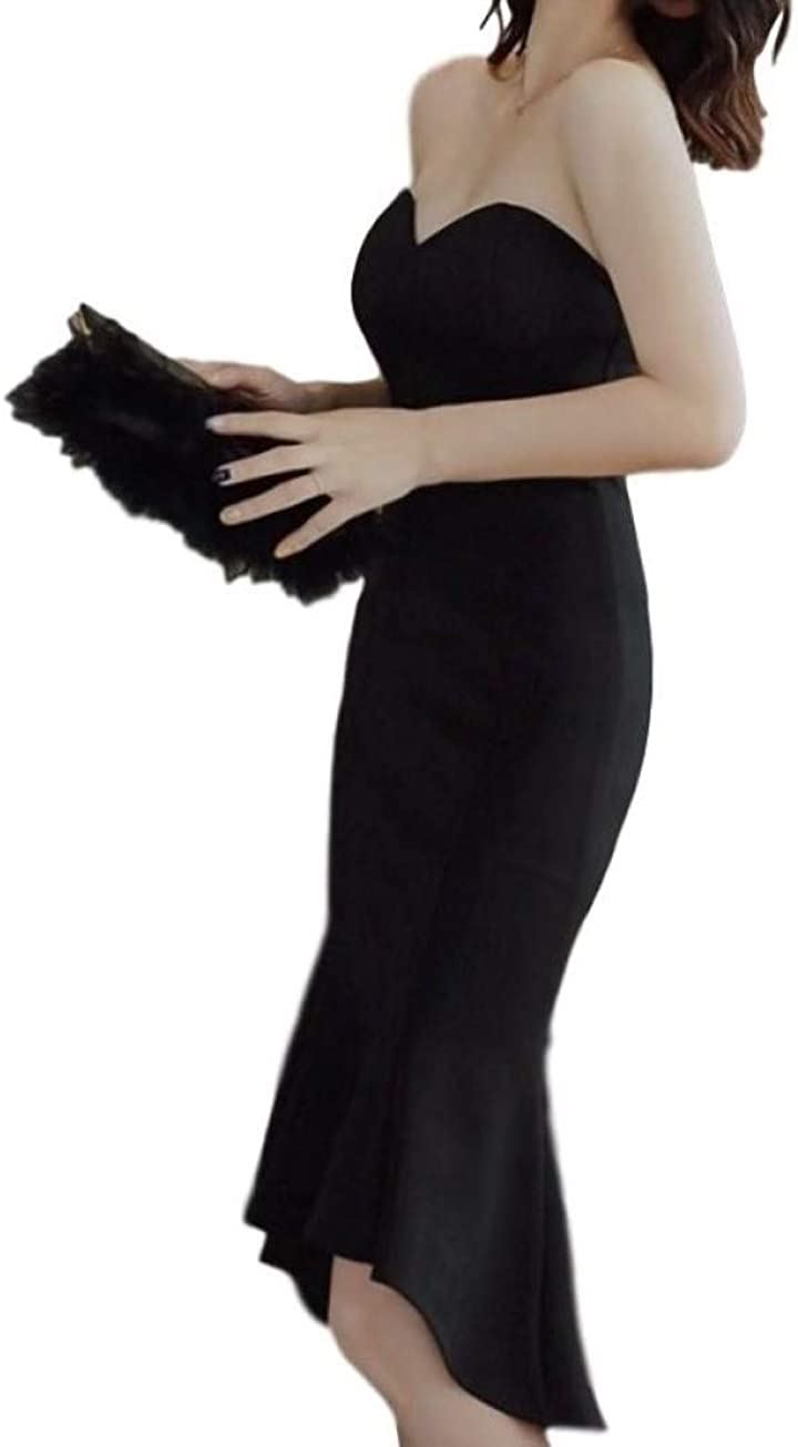 マーメード ワンピース ベアトップ フィッシュテール クラブドレス オフショルダー ノースリーブ タイト ミモレ丈 レディース(ブラック, L)