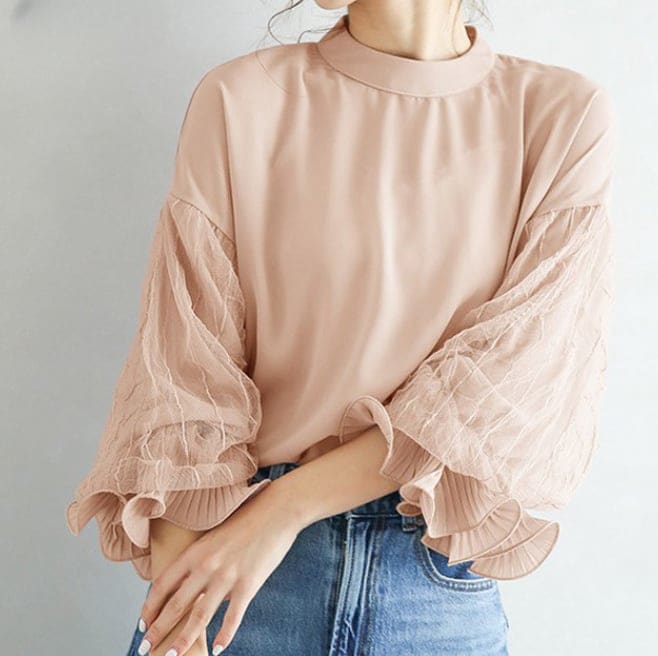 トップス ボリュームスリーブ シアー ブラウス バックボタン スタンドカラー 七分丈袖 コンシャス シフォン 人気 おすすめ おしゃれ お洒落 激安 安い プチプラ 可愛い かわいい wto
