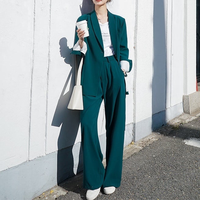 セットアップ スーツ パンツ ボトムス ジャケット アシンメトリー サイドベルト ストライプ裏地 ワンタック 長袖 ロング アンクル丈 ハイウエスト ストレート 襟付き Vネック レトロ lsu011