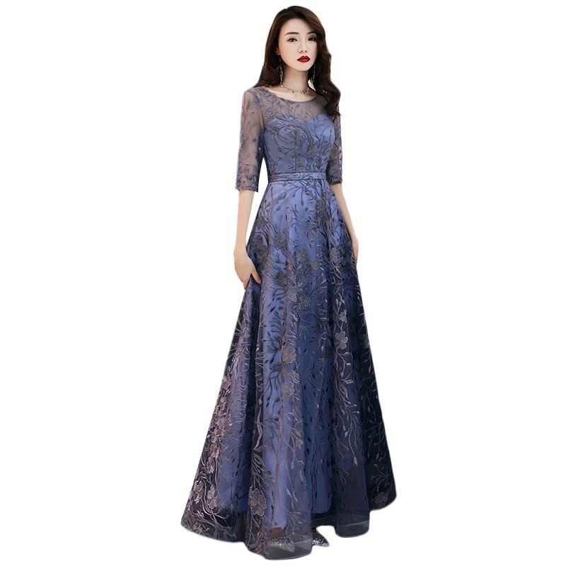 パーティードレス ロングドレス イブニングドレス Vネック 成人式 忘年会 結婚式 フォーマル Aライン 肩出し 五分袖 花柄 レース 大きいサイズ ハイウエスト003-866