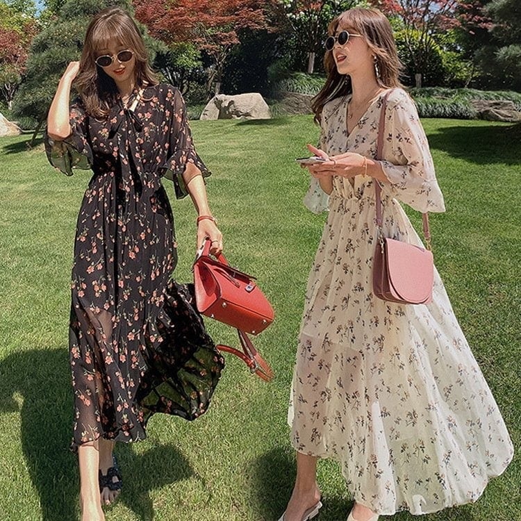 ワンピース シフォンワンピース レディース 五分袖 マキシワンピース Vネッ ワンピース 花柄