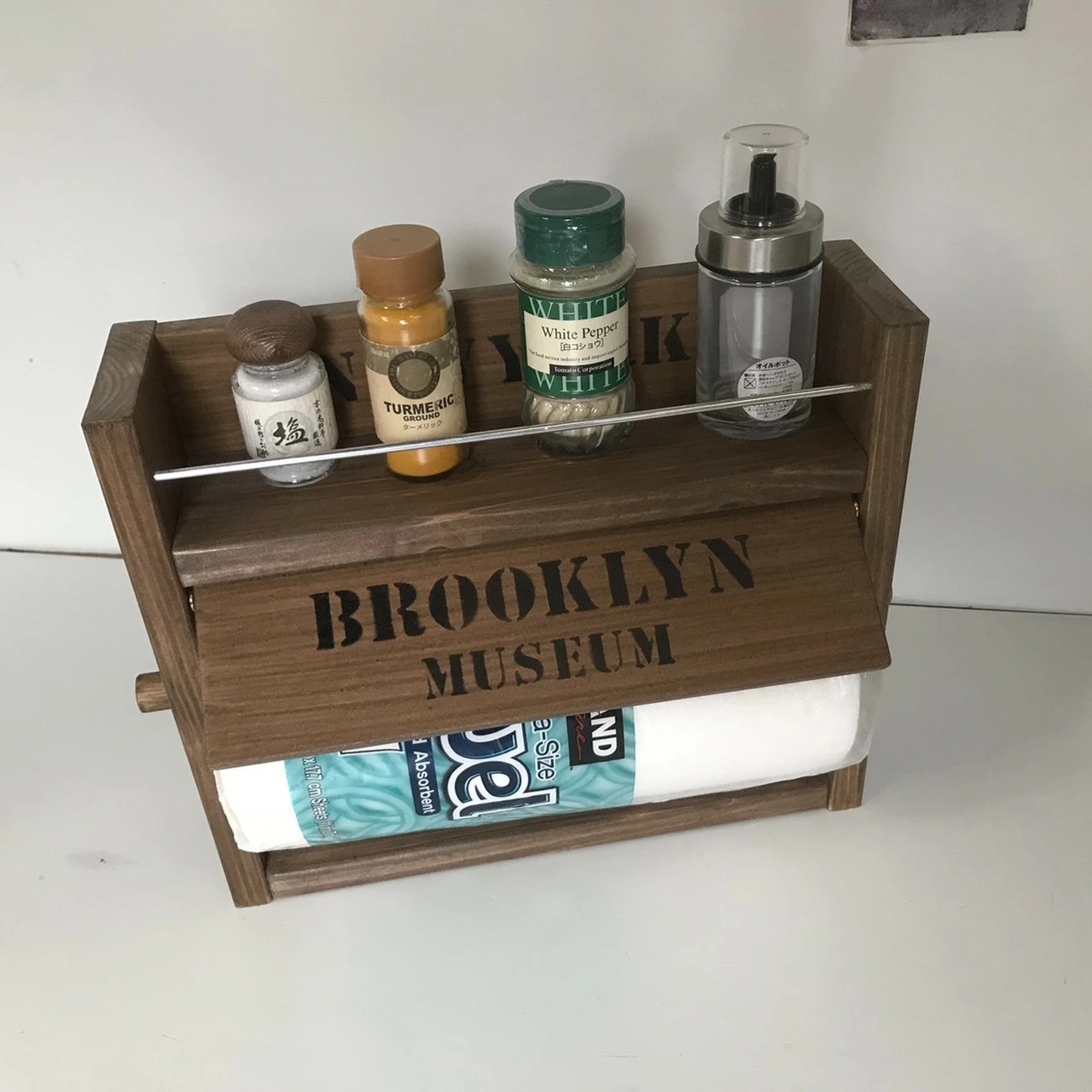 木製 スパイスラック 2段 アルミ棒付 コストコペーパータオル インテリア家具 日本製 国産 木工 おしゃれ オシャレ モダン かわいい