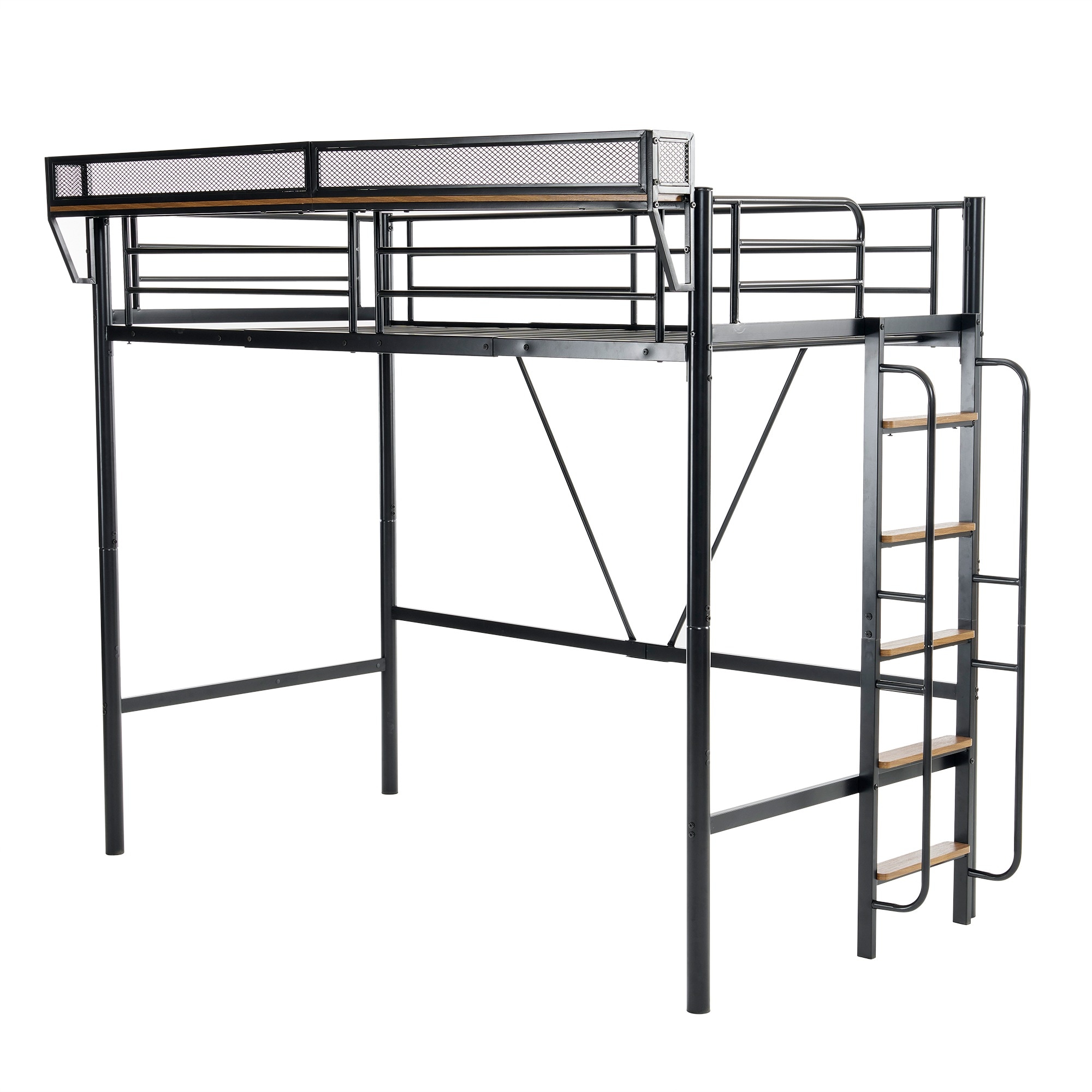 137【ブラック】システムベット 宮棚　ロフトベッド シングル 手すり付き階段 便利な側面収納 北欧風 大人用　 スチール 耐震