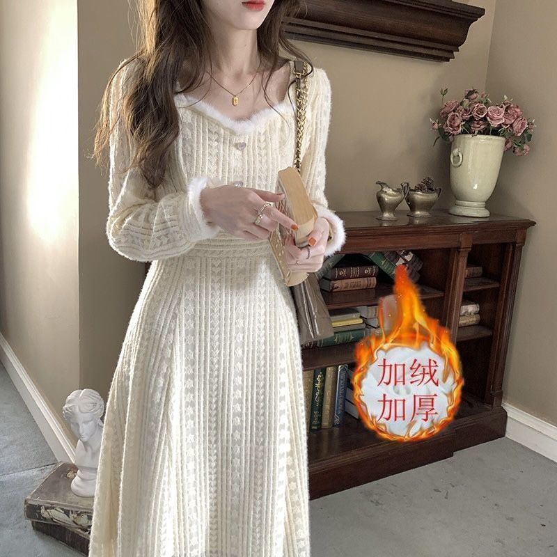 韓国ロングミンクスプライシングレーススカートウインドブレーカーベルベットスクエアカラーフレンチスタイル肥厚ドレス