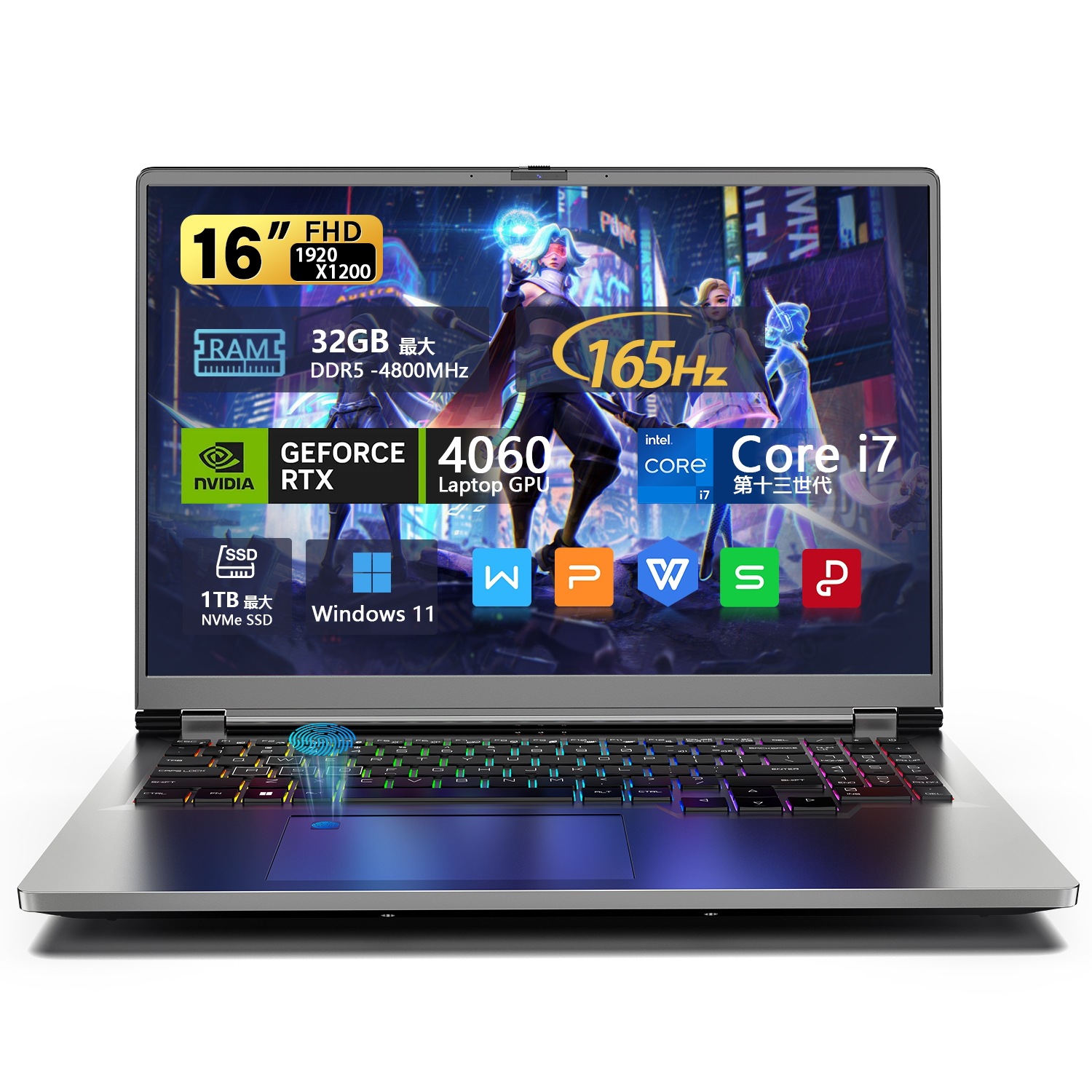 ゲーミング ノートパソコン 165Hz 第13世代 Core i7 RTX4060 GPU 16GB/32GB クリエイター type-c バックライトキーボード 無線LAN 有線 指紋認証 テンキー