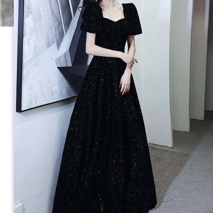 ドレス ワンピース パーティー 二次会 演奏会 発表会 ステージ 舞台 衣装 コスプレ コスチューム 演劇 マキシ 半袖 パフスリーブ スクエアネック プリンセスライン Aライン イブニング キラキラ