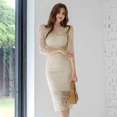 レース ワンピース 2025春 有名な気質 ジャカード 修身 包み 尻 女性 ペンシルスカート