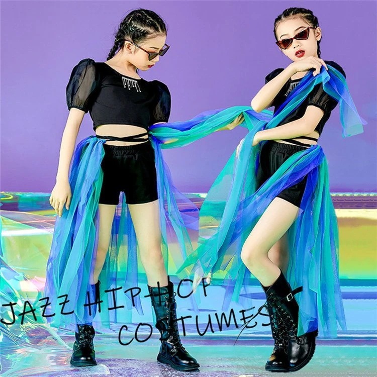 セットアップ キッズ ダンス衣装 黒パンツセット ベール付き ガールズ 黒 シャツ へそ出し 韓国 HIPHOP