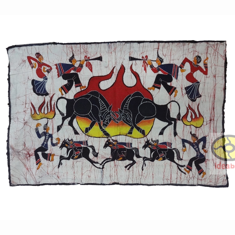 China Folk Art Handmade Home Wall Decor Hanging Batik Torch Festival Bull Fighting size 85cm X 130cm