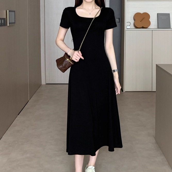 レディース ワンピース 膝下 ミモレ 半袖 スクエアネック ストレート Iライン 切り替えデザイン ドッキング レイヤード風 かわいい 大人可愛い シンプル カジュアル おしゃれ ラフ ベーシック