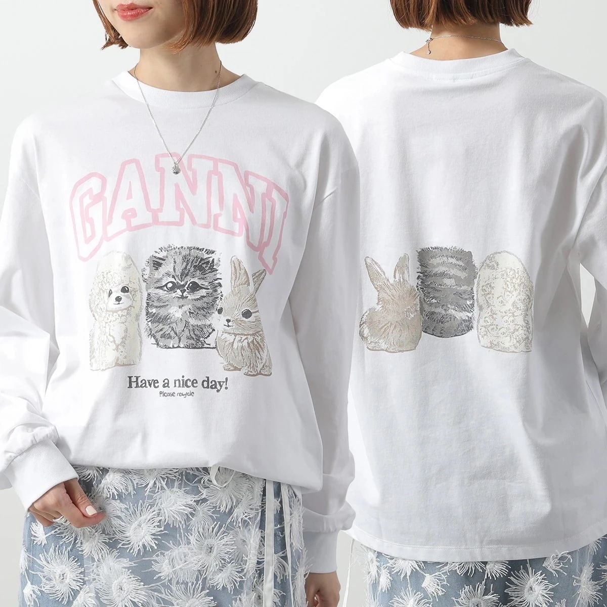 GANNI ガニー 長袖 Tシャツ Re-cut Heavy Jersey Animals Long sleeve T4275 レディース ロンT アニマル カットソー クルーネック 151/Brig