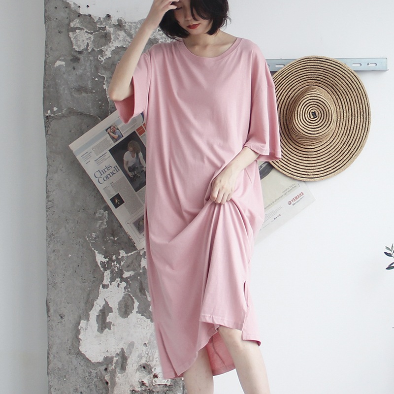 ワンピース ビッグT ミモレ ミモレ丈 袖あり 半袖 ラウンドネック ワイド Iライン スリット サイドスリット シンプル カジュアル 大人 おしゃれ 大人女子 こなれ感 ラフ メンズライク