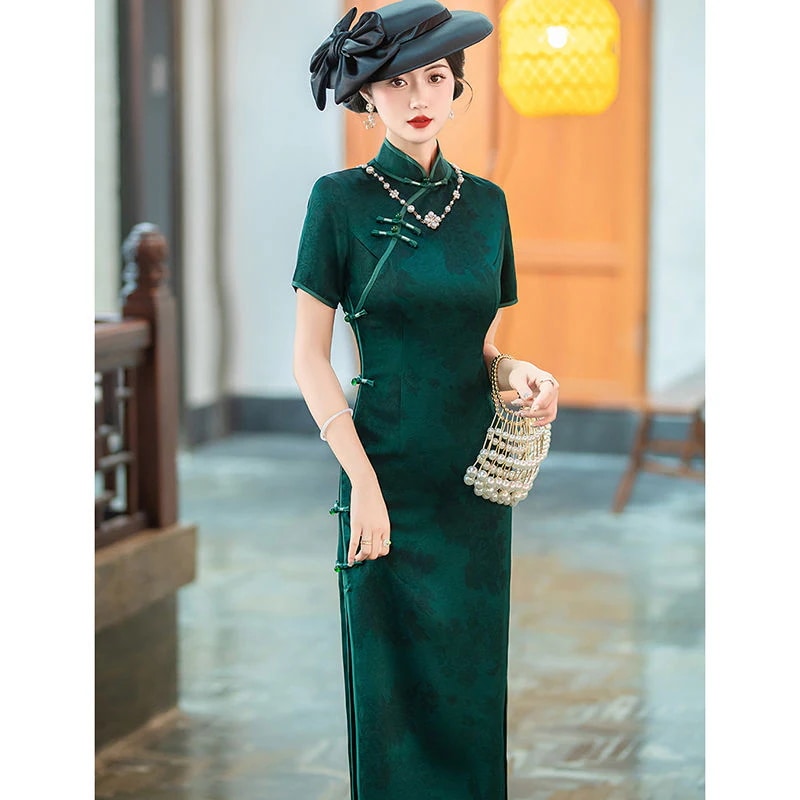 ダークグリーンロングチャイナドレスヴィンテージクラシックオールド上海レトロスタイル2025春夏スリムでエレガント