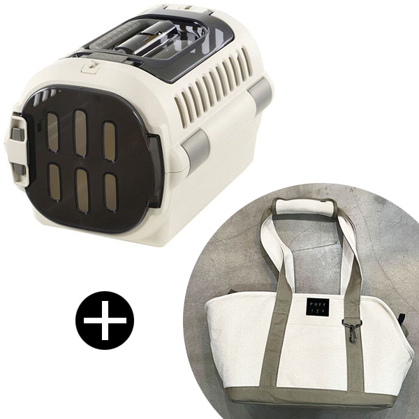 キャンピングキャリーファイン ダブルドア S アイボリー + PUFF pet carry canvas tote L P24004-21 ベージュ ペットキャリー セット