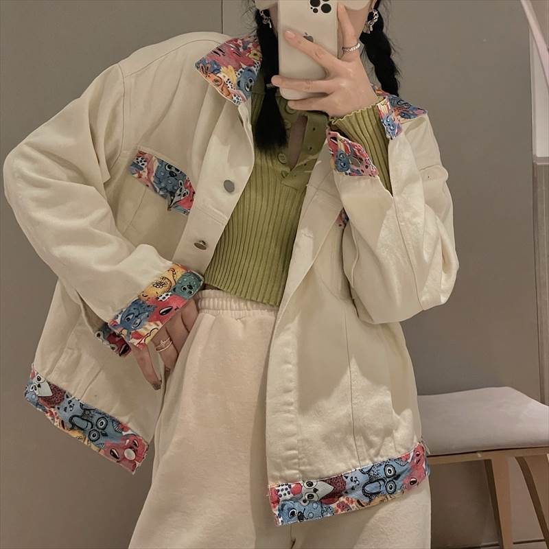 デニム アウター ジャケット レディース 春 秋 レトロ 黒 ベージュ カジュアル 大きめ ロング丈 トリム ユニーク 配色 プリント 襟付き ポロ襟 長袖 ドロップショルダ 大人可愛い 韓国 オルチ