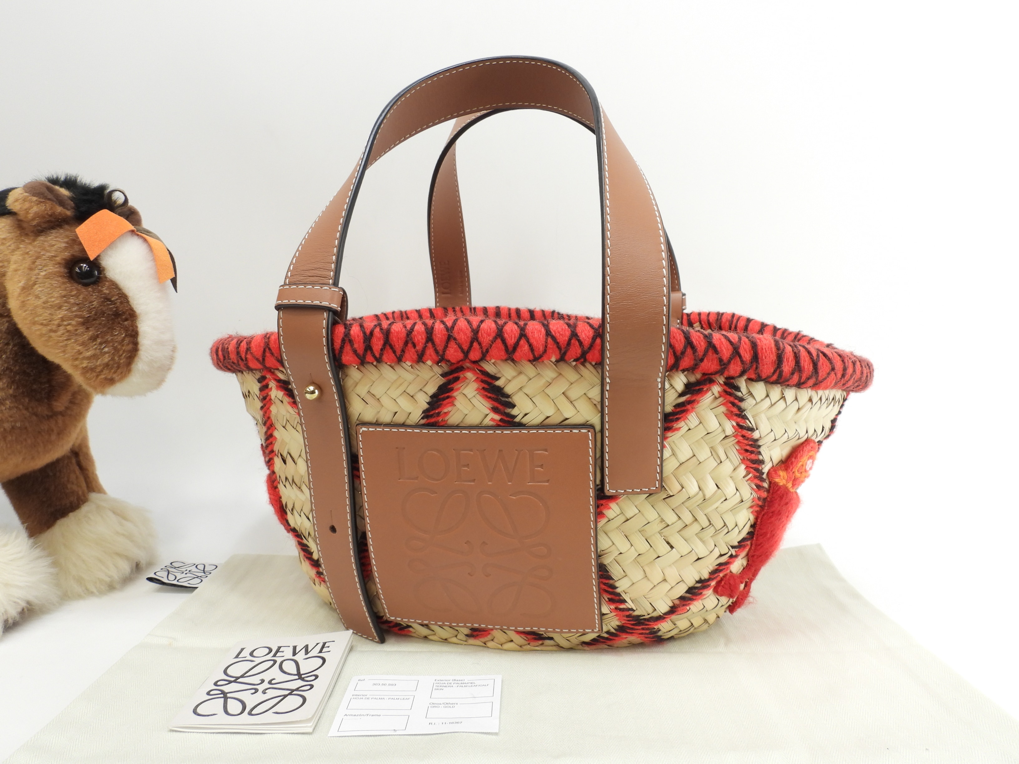 バスケットバッグスモール アニマル ナチュラル/タン赤 ハンド カゴバッグ 未使用@412018