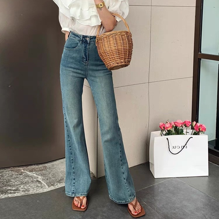 Kel2024ローレグブーツカットパンツライトブルーハイウエストジーンズ女性用ゆったりスリムフロアレングス夏
