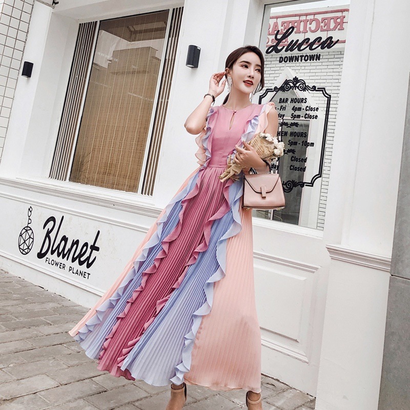 1564.プリーツフリルロングワンピース（ピンク）2019 春夏 sale お呼ばれ 女子会 ランチ 普段使い お出かけ パーティー