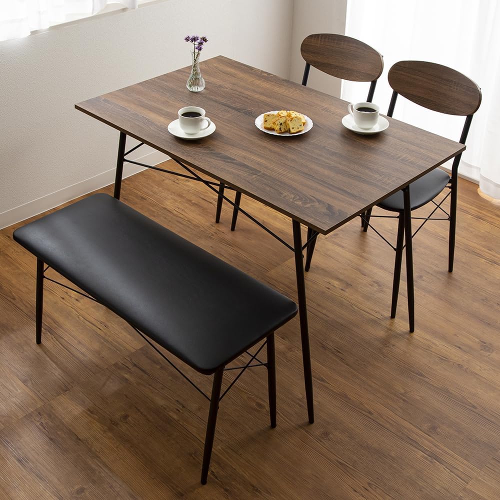 【4点セット】アイリスプラザ ダイニング セット スチール(テーブル×1チェア×2ベンチ×1) STDSET-4 ヴィンテージデザイン ブラウン