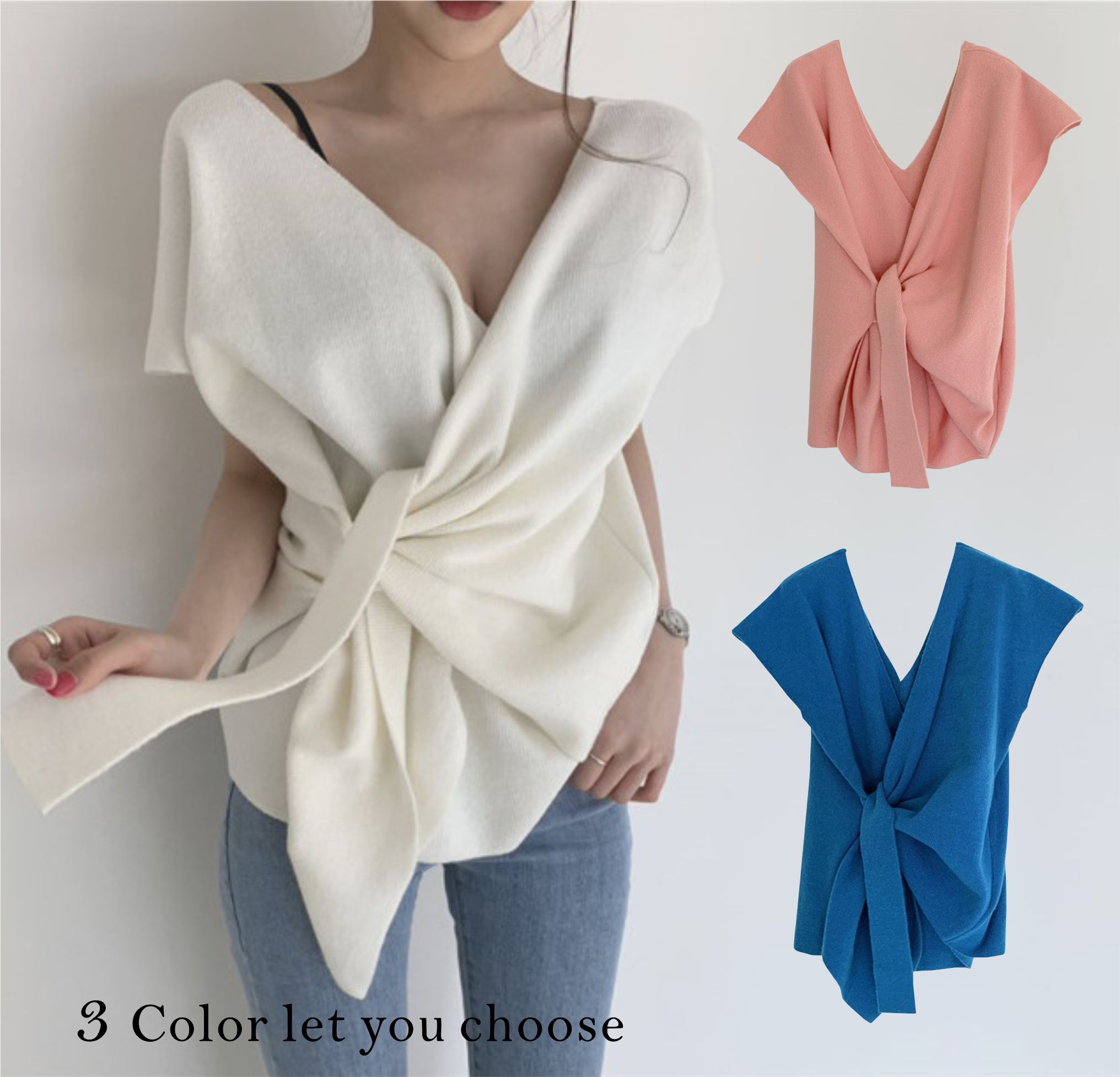 人気沸騰 新着 韓国 ファッション ジョーカー セクシー ディープVネック 無地 半袖 ニット エレガント カジュアル ゆったり 気高い トップス 百掛け スリムフィット 短いスタイル カ871