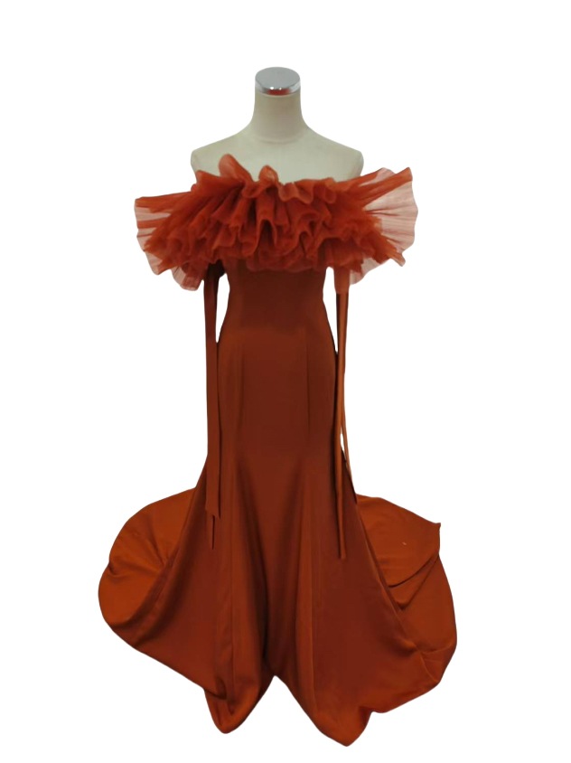 カラードレス テラコッタ色 取り外しオフショルダー デザイン感 マーメイドライン クレープ生地 2次会