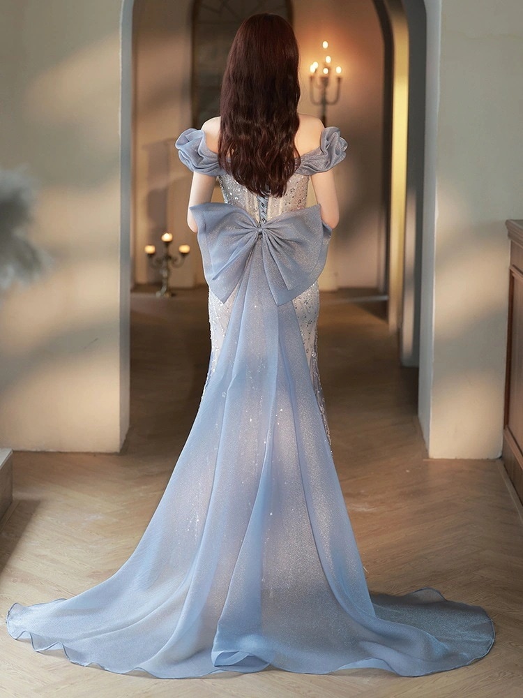 女性のための青いフィッシュテールイブニングドレス 2024 ハイエンド乾杯花嫁のウェディングドレス