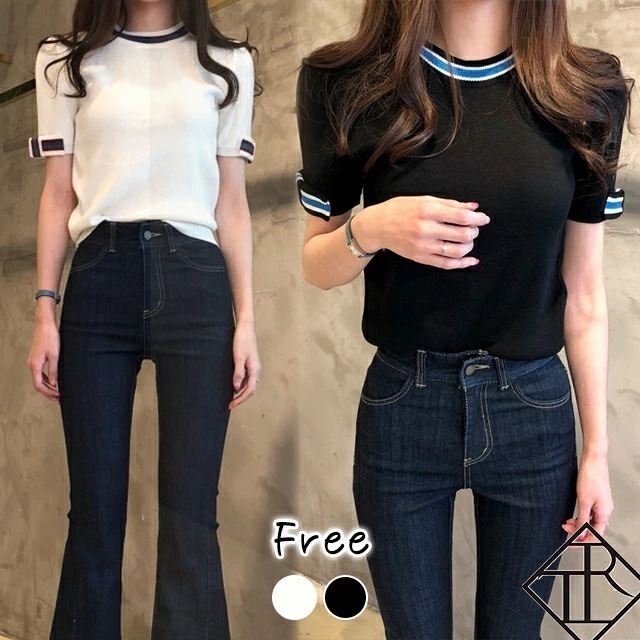 ２点で13o円OFF！【即納】カットソー レディース トップス Tシャツ 半袖 デザイン シンプル 大きいサイズ 春 夏 秋 ニット サマーニット 配色リボン ストライプ リボン 袖あり カジュアル