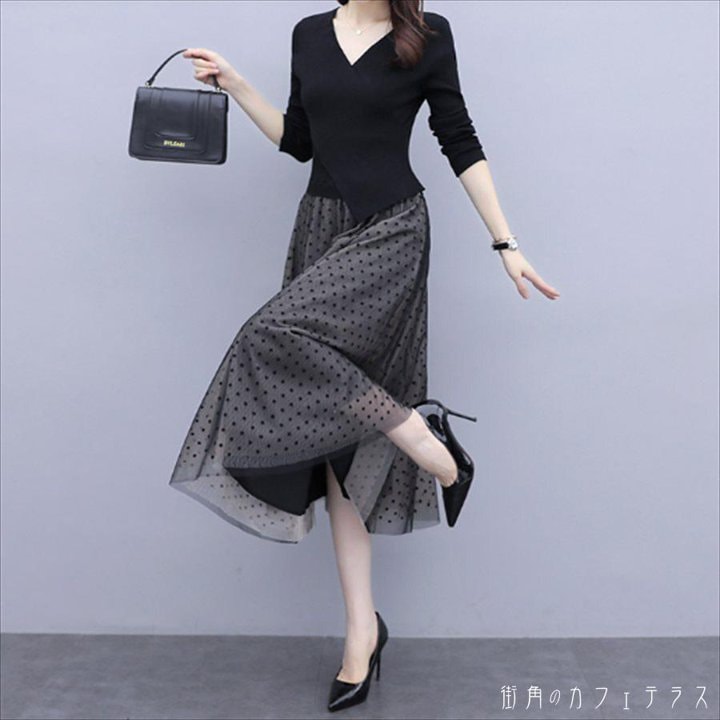 ロングドレス ドレス dress 衣装 ワンピース パーティードレス パーティドレス ロング ロング丈 ミモレ ミモレ丈 袖あり 長袖 Vネック Aライン フレア ドッキング