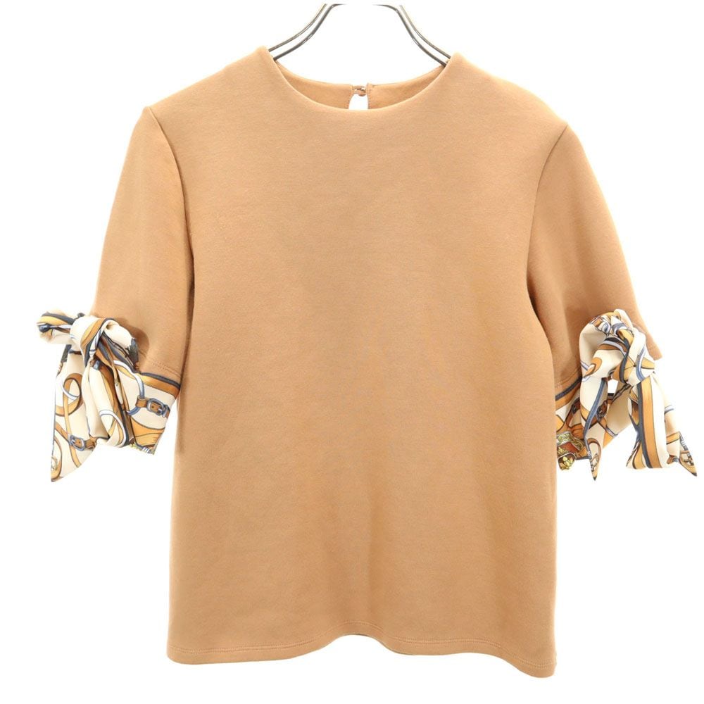 半袖 袖リボン カットソー ブラウン系 バックボタン レディース