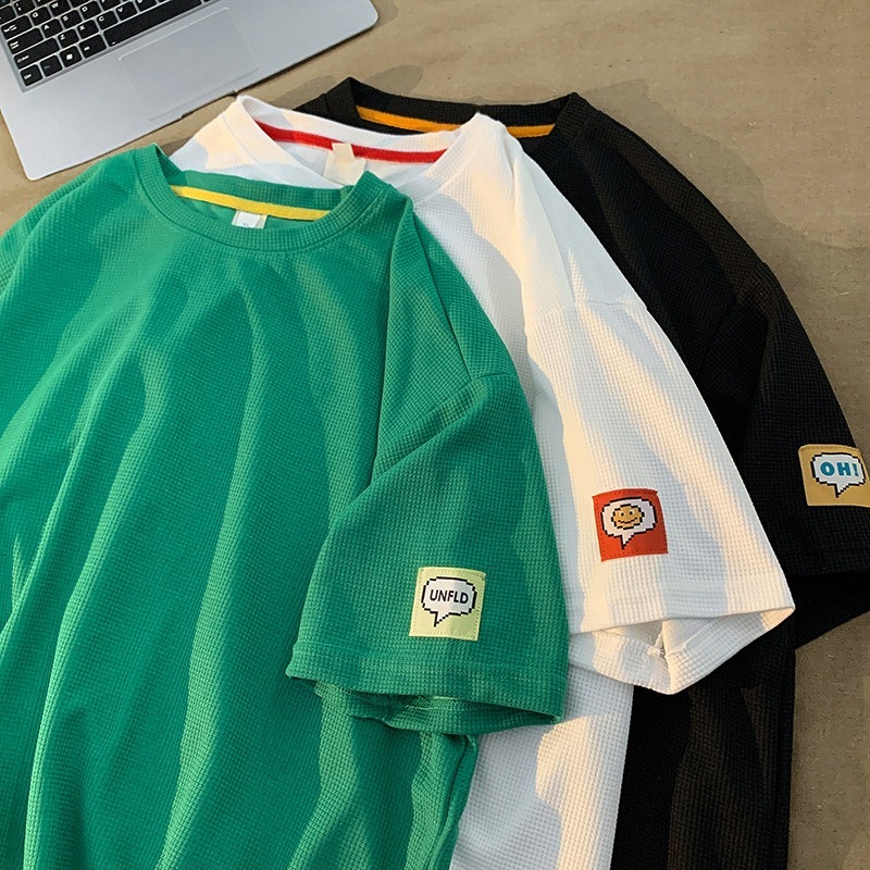 在庫一掃メンズ半袖Tシャツワッフル生地夏用ゆったり万能カジュアルトップス薄手Tシャツ