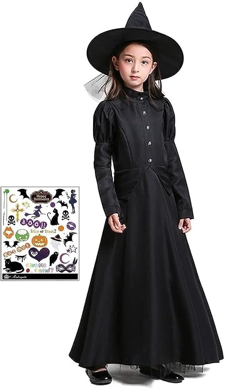 魔女 クラシカル コスプレ 3点セット 衣装セット魔女の帽子ハロウィンタトゥーシール キッズコスチューム 女の子 L 140cm( ブラック, L(140cm))