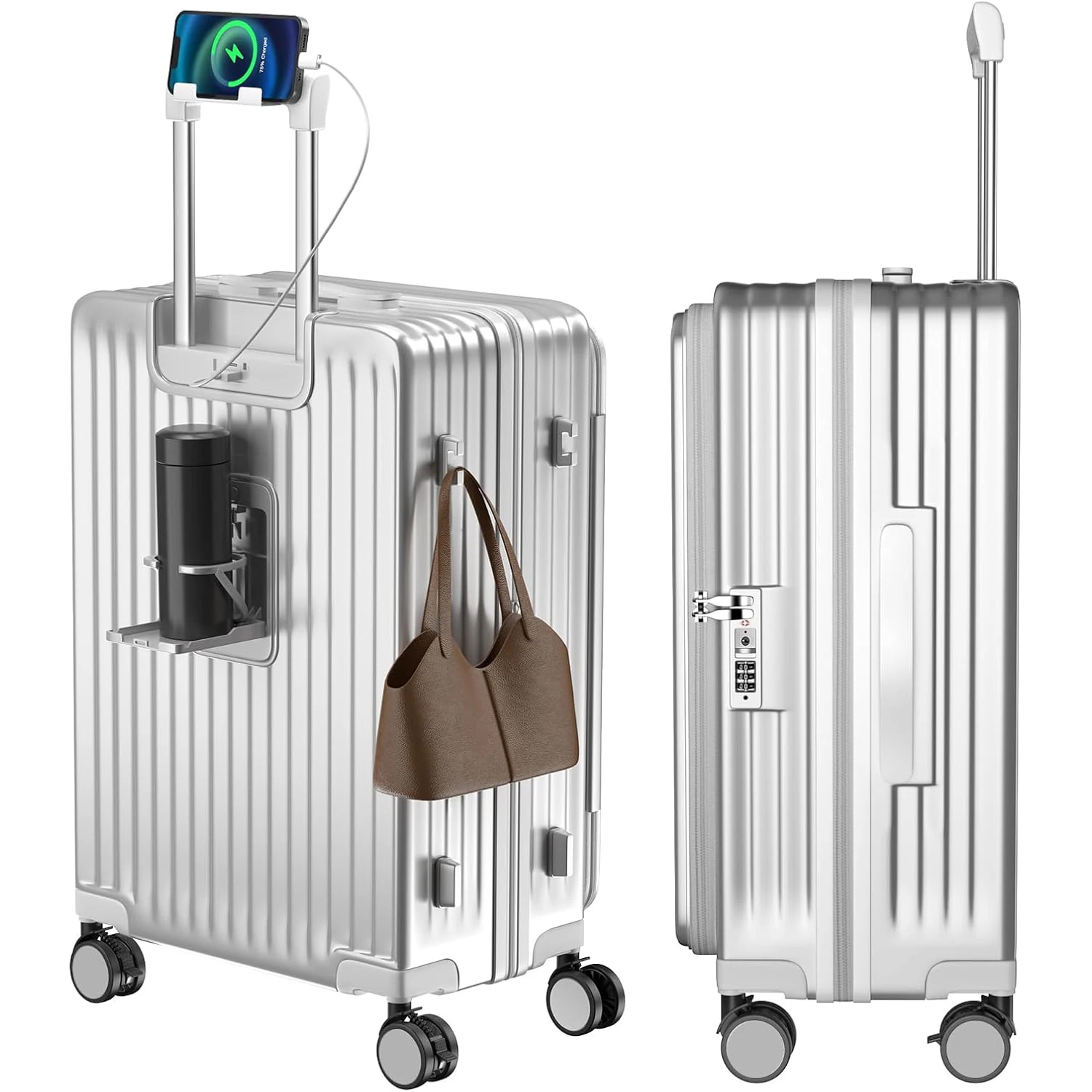 スーツケース キャリーケース 多機能 片開き 拡張機能付き ストッパー付き キャリーバッグ 携帯スタンド USBポート付き カップホルダー付き