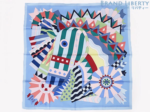 新品同様エルメスカレ90ChevaldeFeteシュヴァルドゥフェット大判スカーフストールショールライトブルー003748S